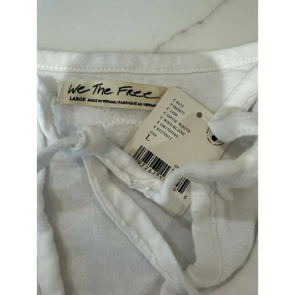 Free People No Good Alone Tee Top Optic White Puff Sleeve V-Neck Size L NWT